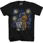 Megastar Wars C-3PO R2-D2 C3PO R2D2 Comic Van Gogh Starry Night time Droids Painting Force Awakens Final Jedi Adult Men’s Graphic Tee T-Shirt (Medium,Sad)