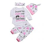 Unique child Toddler Minute one Women Dresses Long Sleeve Letter Romper Arrow Coronary heart Pants Hats Headscarf 4Pcs Outfits Role (6-12 Months, I’m Proof That Daddy Doesn’t Play Video Games All The time)