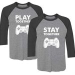 Play Together Quit Together Humorous Gamer 3/4 T-Shirt Couple Matching Valentine’s Males Dark/Grey Tiny/Women Dark/Grey Tiny