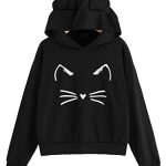 Romwe Ladies folk’s Cat Print Sweatshirt Long Sleeve Free Pullover Shirt Dark-Hooded X-Orderly