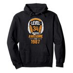thirty fourth Birthday Gift Level 34 Unlocked Awesome Since 1987 Pullover Hoodie