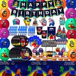 163Pcs Amongst Us Video Sport Occasion Want Occasion Decorations Birthday Occasion Provides, Flatware, Spoons, Fork, Knife, Plates, Cups, Tablecloth, Banner, Napkins, Cake Toppers, Balloons, Amongst…