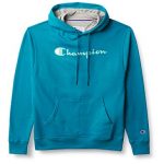 Champion Men’s Powerblend Fleece Pullover Hoodie, Script Impress, Rockin Teal-Y07718, Orderly