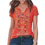 Janepam Females T-Shirt Summer season Tops Plus Measurement Boho Ethnic Tribal Lace Hole Raglan Short Sleeve Graphic V-Neck Tee Shirt(A Orange,Medium)