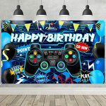 THRGOUO Video Recreation Chuffed Birthday Backdrop, Blue Gaming Pixelated Theme Banner Tag Photography Background for Youngsters Boys Birthday Decorations Party Supplie