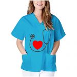 YAnGSale Nursing Working Uniform Ladies Immediate Sleeve T-Shirts Solid Shirt Heart Print Blouse V-Neck Tunic Tops (Gentle Blue, M)