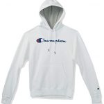 Champion Men’s Powerblend Fleece Pullover Hoodie, Script Logo, White-Y06794, Tiny