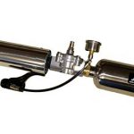 JJSporting Multi Launcher, T-Shirt Launcher Cannon, Rev. 10 with CO2 on/Off Base line. Polished Stainless Metallic air Chamber & Polished Aluminum Barrel. CO2 Cylinder Integrated.
