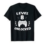 Stage 8 Unlocked T-Shirt Video Gamer eighth Birthday Reward Tee