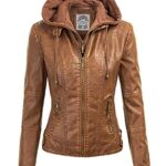 MBJ WJC1044 Womens Faux Leather-primarily based Quilted Bike Jacket with Hoodie S CAMEL