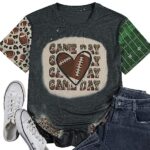 Game Day Bleached Shirt Women Football Heart Graphic Tee Football Season T-Shirt Sunday Vintage Short Sleeve Tops Grey