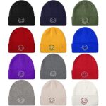 12 Pieces Knit Beanie Hat with Smile Face Embroidered Acrylic Soft Winter Hats Stretchy Smile Beanie Hats for Men Women (Retro Colors)