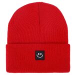 Unisex Knit Beanie Cuffed Hat Adult for Women Men with Happy Smile Face Red