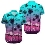 99TIMORO Space Warship Hawaiian Shirt for Men, Palm Tree Spaceship Button Down Shirt Women, Spacecraft Beach Shirt (2XL
