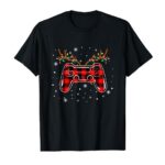 Gamer Christmas Gamepad Reindeer Buffalo Plaid Pajamas T-Shirt