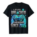 Level 8 Unlocked Awesome Since 2015 8th Birthday Gaming T-Shirt