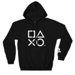 Ripple Junction Sony PlayStation Men’s Pullover Hooded Sweatshirt PS Button Icons & Sleeve Print Symbol Gamer Hoodie Black XL