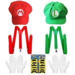 Teens Super Bros Hats with Mustache & Glove Halloween Party Video Game Cosplay Costume Set (Red Green Set)