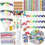 Lenwen 177 Pcs Video Game Party Favors Set Includes Reusable Gamer Drinking Straws Cups Tattoos Slap Bracelets Keychains Gift Tags Stamps Stickers and Twist Ties…