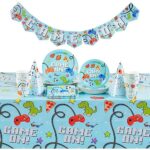 Serves 24 Video Game Party Supplies Decorations with Banner, Tablecloth, Hats, Paper Plates, Napkins & Cups for Kids Birthday