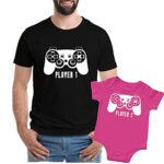 Texas Tees Gamer Bodysuit, Player 1 Player 2 Tshirt, Dads Gaming Shirt,Player 1, Player 2 – Black & Pink,Mens (X-Large) & 0-3 Month