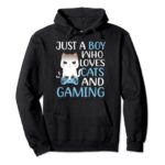 Just A Boy Who Loves Cats And Gaming Boys Gamer Cat Funny Pullover Hoodie