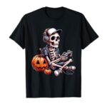 Funny Skeleton Playing Video Game Halloween Shirt Boys Gamer T-Shirt