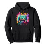 Video Game Controller Paint Splatter Colorful 90’s Gaming Pullover Hoodie