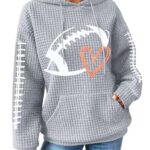 VILOVE Game Day Hooded Sweatshirt Women Funny Football Graphic Shirt Waffle Knit Game Day Pullover Hoodies Long Sleeve Grey