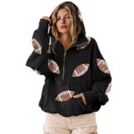 SeekMe Womens Game Day Sweatshirts Football Sequin Hoodies Tailgate Outfits Long Sleeve Zipper Sweaters with Pocket(1773-Black-XL-FY)