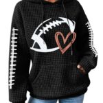 VILOVE Game Day Hooded Sweatshirt Women Funny Football Graphic Shirt Waffle Knit Game Day Pullover Hoodies Long Sleeve Black