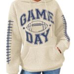 CAZYCHILD Game Day Hooded Sweatshirt for Women: Funny Football Graphic Shirt Football Season Waffle Knit Pullover Hoodies Beige
