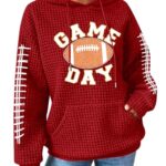 Zylkor Game Day Hooded Sweater Women American Football Graphic Sweatshirts Football Season Casual Sport Pullover Hoodies Red