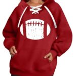 ELDPS Game Day Hooded Sweatshirt Women: Football Game Day Sweatshirt Football Graphic Tee Pullover Long Sleeve Hoodies Red