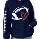 VILOVE Game Day Hooded Sweatshirt Women Funny Football Graphic Shirt Waffle Knit Game Day Pullover Hoodies Long Sleeve Navy Blue