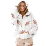 Xunger Women’s Football Sequin Hoodie Half Zip Long Sleeve Rugby Patches Game Day Hooded Sweatshirt(0888-White-M-RD)
