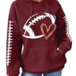 VILOVE Game Day Hooded Sweatshirt Women Funny Football Graphic Shirt Waffle Knit Game Day Pullover Hoodies Long Sleeve Wine Red