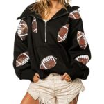 Xunger Women’s Football Sequin Hoodie Half Zip Long Sleeve Rugby Patches Game Day Hooded Sweatshirt(0888-Black-XL-RD)