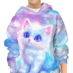 HaniLav Teen Boys Girls Novelty Galaxy 3D Printed Sweatshirts Tops Pocket Pullover Hoodies,Blue Cute Cat,12-13 Years