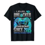 Level 10 Unlocked Awesome Since 2015 10th Birthday Gaming T-Shirt