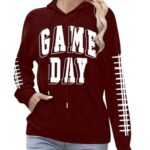 NEWWEN Game Day Hooded Sweatshirt Women Funny Football Graphic Shirt Waffle Knit Game Day Pullover Long Sleeve Tops(WineRed5, Medium)