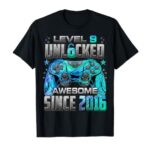 Level 9 Unlocked Awesome Since 2016 9th Birthday Gaming T-Shirt