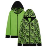 Minecraft Boys Hoodies – Reversible Hooded Sweatshirt for Kids Teenagers 5-14 Years Warm Zip up Hoodie Gamers Gifts (Green, 13-14 Years)
