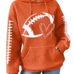 VILOVE Game Day Hooded Sweatshirt Women Funny Football Graphic Shirt Waffle Knit Game Day Pullover Hoodies Long Sleeve Orange