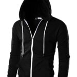 Ohoo Men’s Zip Up Hoodie Lightweight Slim Fit Sweatshirt Full Zip Hooded Jacket / DCF002-BLACK-XL