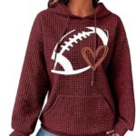 Chvity Pullover Football Printed Hoodie Fashion Lightweight for Women Long Sleeve Waffle Sweatshirt with Pocket Blouse Tops Drawstring Outwears,Wine