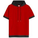 XIAOYAO Mens Short Sleeve Hoodie Soft Cotton Color Block Moisture Wicking Big Pocket Streetwear Sweatshirt T-Shirt Red