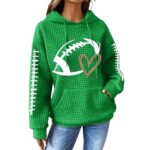 Game Day Hooded Sweatshirt Women Funny Football Graphic Shirt Waffle Knit Hoodies Long Sleeve Fall Pullover Tops Green